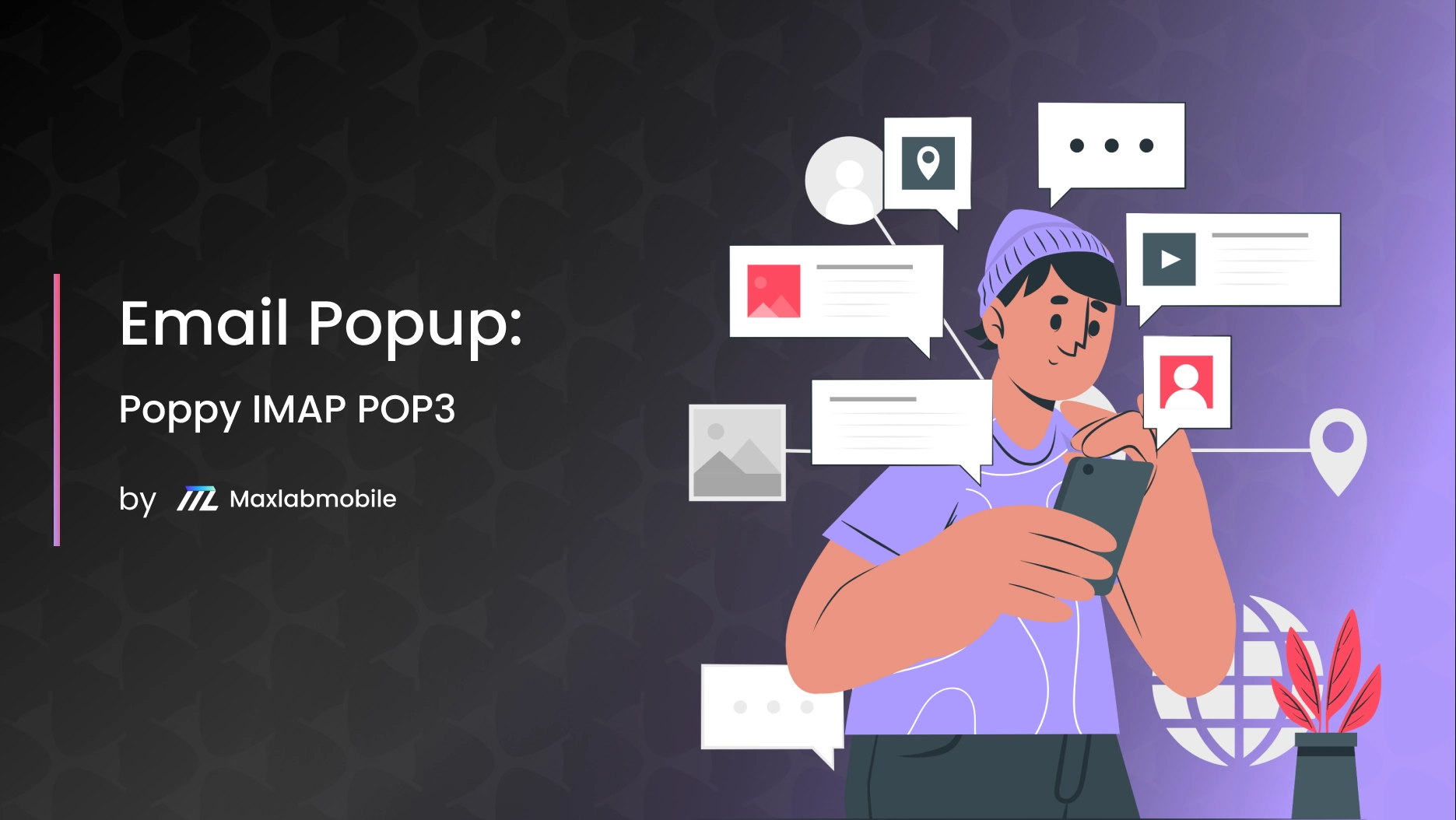email popup violet and black gradient background cartoon guy checking emails