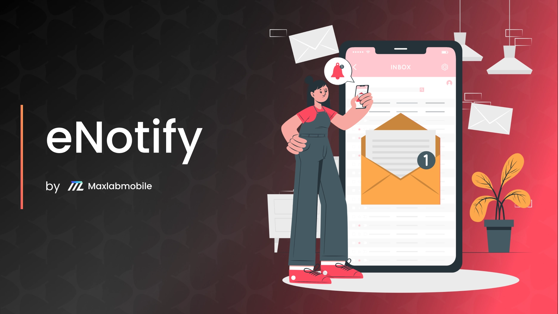 enotify blue and black gradient background cartoon girl standing and checking phone notifications