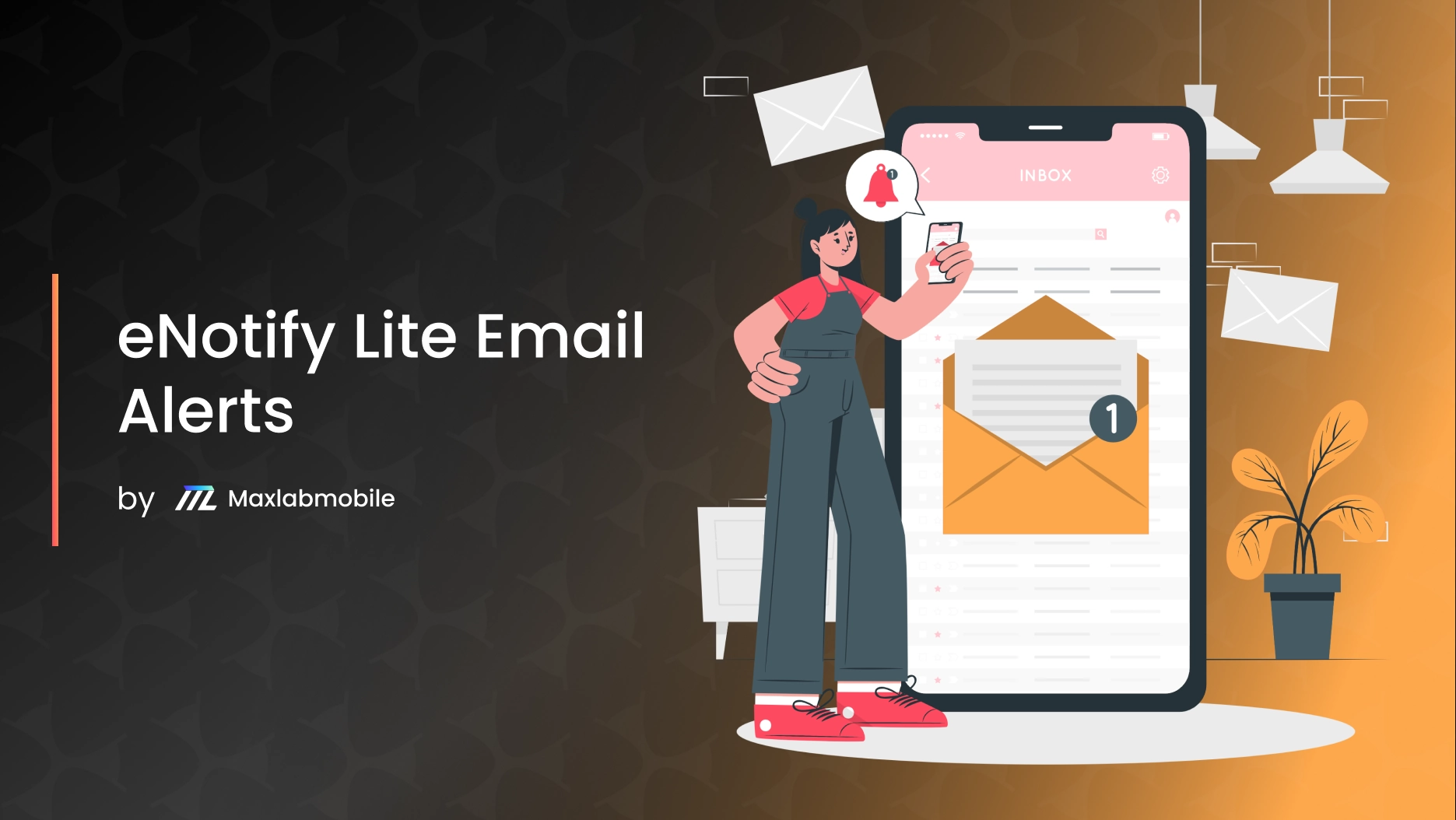 enotify lite blue and black gradient background cartoon girl sitting and checking phone notifications