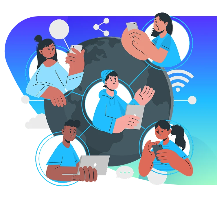 multiple people on blue background talking with each other via various devices
