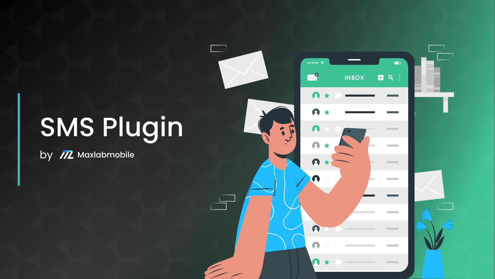 sms-plugin banner smiling man looking at mobile phone black and green background