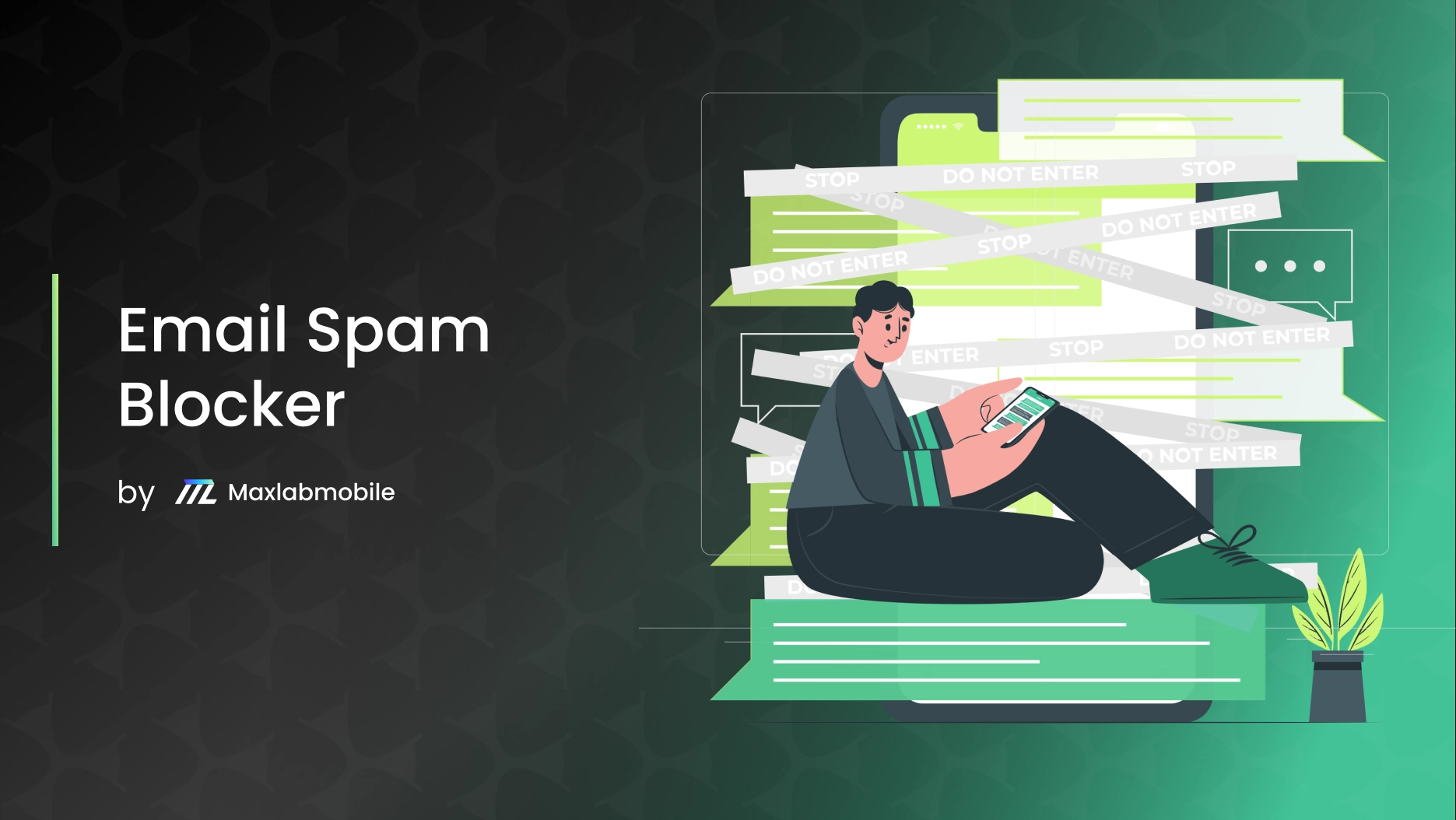 email spamblocker violet and black gradient background cartoon guy and crossed out emails